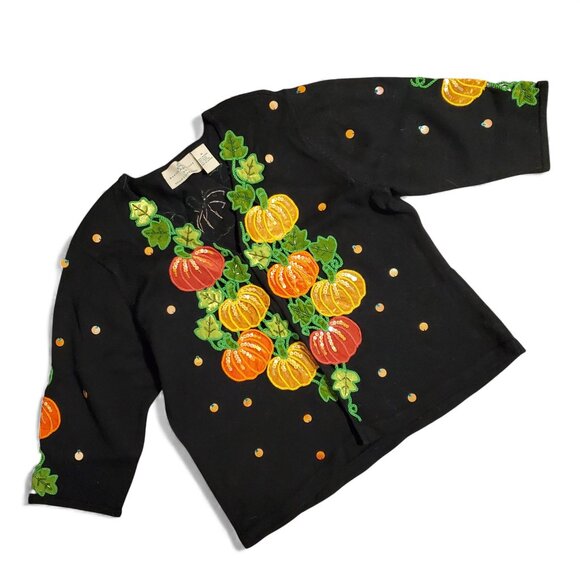 Vintage Sweaters - Vintage 90s Festive Pumpkin Embroidered 3/4 Sleeve Cardigan Sweater Halloween